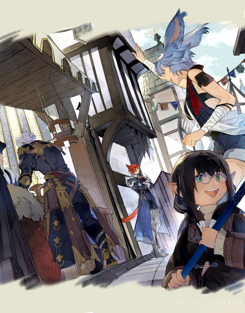 2girls 3boys absurdres animal_ears arm_up black_coat blue_hair cat_boy cat_ears cat_tail coat crossed_arms final_fantasy final_fantasy_xiv glasses gyou_chin highres lalafell lamppost miqo&#039;te multiple_boys multiple_girls open_mouth outdoors pointy_ears rabbit_ears red_hair short_hair tail viera warrior_of_light_(ff14) waving waving_arms
