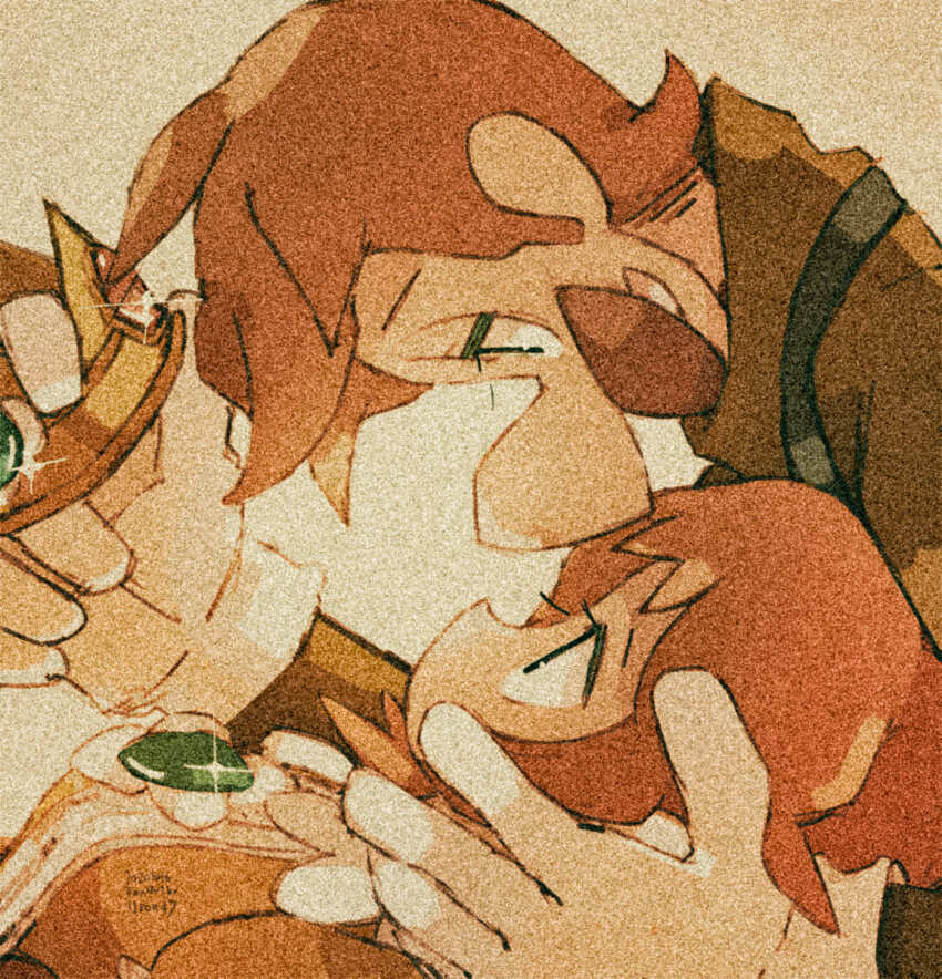 1boy 1girl big_nose blue_overalls brown_hair crown facial_hair from_side gloves grey_background highres holding holding_crown luigi mario_(series) mustache nintendo overalls princess_daisy sparkle uroad7 white_gloves