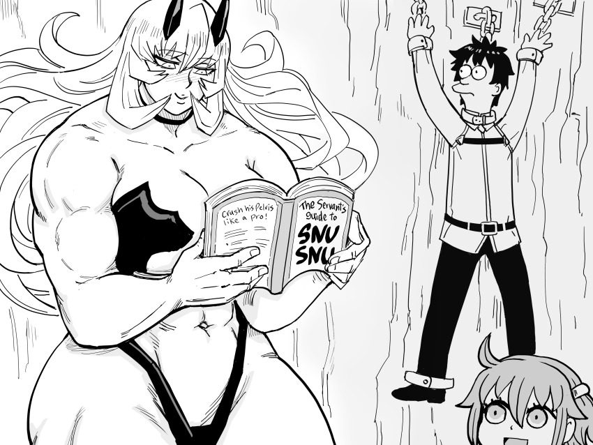 1boy 2girls absurdres barghest_(fate) bb_(baalbuddy) blush book breasts chain chained chained_wrists cleavage collarbone english_text fate/grand_order fate_(series) femdom fujimaru_ritsuka_(female) fujimaru_ritsuka_(male) futurama greyscale hair_between_eyes highleg highres holding holding_book large_breasts long_hair monochrome multiple_girls muscular muscular_female navel open_book parody reading riyo_(lyomsnpmp)_(style) smile stomach style_parody wide_hips