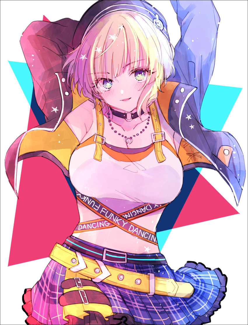 1girl amane_(7783) armpits arms_up belt black_choker black_hat black_jacket blonde_hair blue_skirt breasts character_request choker commentary_request crop_top green_eyes hat highres idolmaster idolmaster_cinderella_girls jacket jewelry large_breasts looking_at_viewer miyamoto_frederica necklace o-ring o-ring_choker open_clothes open_jacket parted_lips plaid_clothes plaid_skirt pleated_skirt shirt short_hair skirt smile solo star-shaped_pupils star_(symbol) symbol-shaped_pupils white_background white_shirt