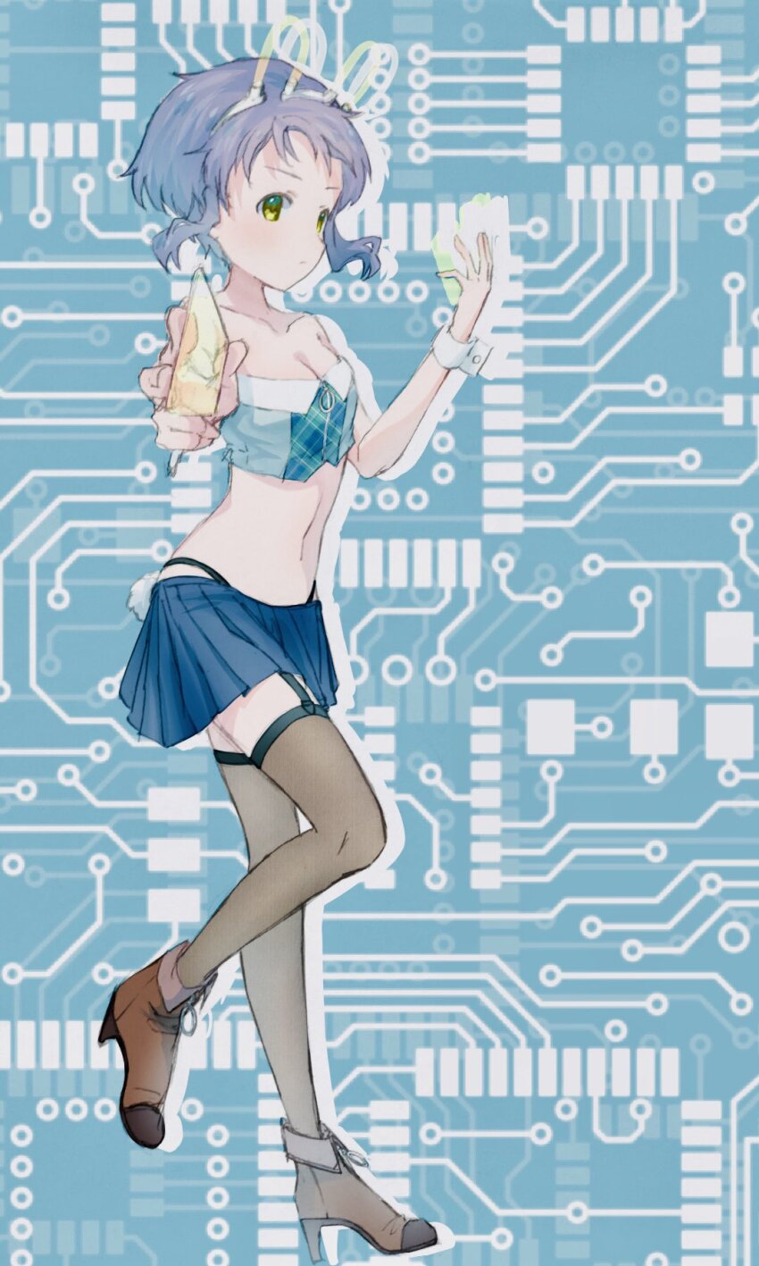 1girl bare_shoulders black_panties black_thighhighs blue_background blue_shirt blue_skirt boots breasts brown_boots card circuit_board cleavage collarbone commentary_request crop_top full_body garter_straps high_heel_boots high_heels highleg highleg_panties highres holding holding_card idolmaster idolmaster_million_live! idolmaster_million_live!_theater_days legs makabe_mizuki miniskirt navel panties pasta_million39 pleated_skirt purple_hair rabbit_ears_antenna serious shirt short_hair sidelocks skirt small_breasts solo standing stomach thighhighs thighs thong underwear yellow_eyes
