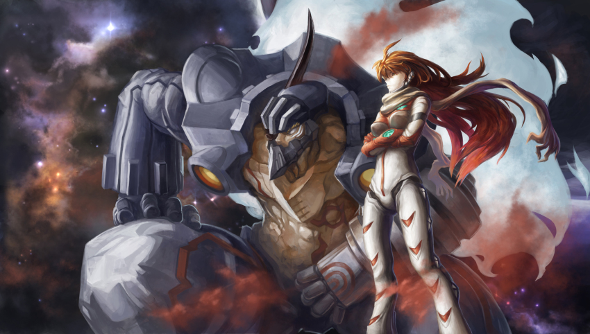 00s android buster_machine_7 crossed_arms dix-neuf epic galaxy gunbuster_pose guts_(artist) highres mecha nono_(top_wo_nerae_2!) realistic red_hair robot scarf science_fiction space star_(sky) star_(symbol) top_wo_nerae! top_wo_nerae!_(series) top_wo_nerae_2!