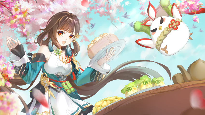 1girl absurdres black_gloves blue_sky breasts brown_eyes brown_hair cherry_blossoms chi_pao_fu_de_maotouying chinese_commentary chinese_food commentary_request dress falling_petals fingerless_gloves food gloves highres holding holding_plate honkai_(series) honkai_impact_3rd jingwei_(bird) large_breasts li_sushang li_sushang_(peregrine_sword) long_hair open_mouth petals plate single_glove sky smile steamed_bun teapot very_long_hair white_dress