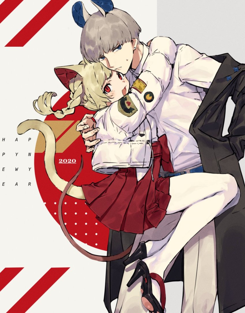1boy 1girl 2020 :d animal_ears animal_footprint blonde_hair blue_eyes blush braid cat_ears cat_tail cheese chinese_zodiac coat commentary_request earrings food frown full_body grey_hair grey_pants hand_on_another&#039;s_neck hanging hanging_on_another happy_new_year heart high_heels highres hug jacket jewelry legs_together miniskirt mouse_ears mouse_tail multicolored_background namakawa new_year open_mouth original pants pantyhose patch pleated_skirt polka_dot red_background red_eyes shirt skirt smile standing sweatdrop tail white_background white_pantyhose year_of_the_rat