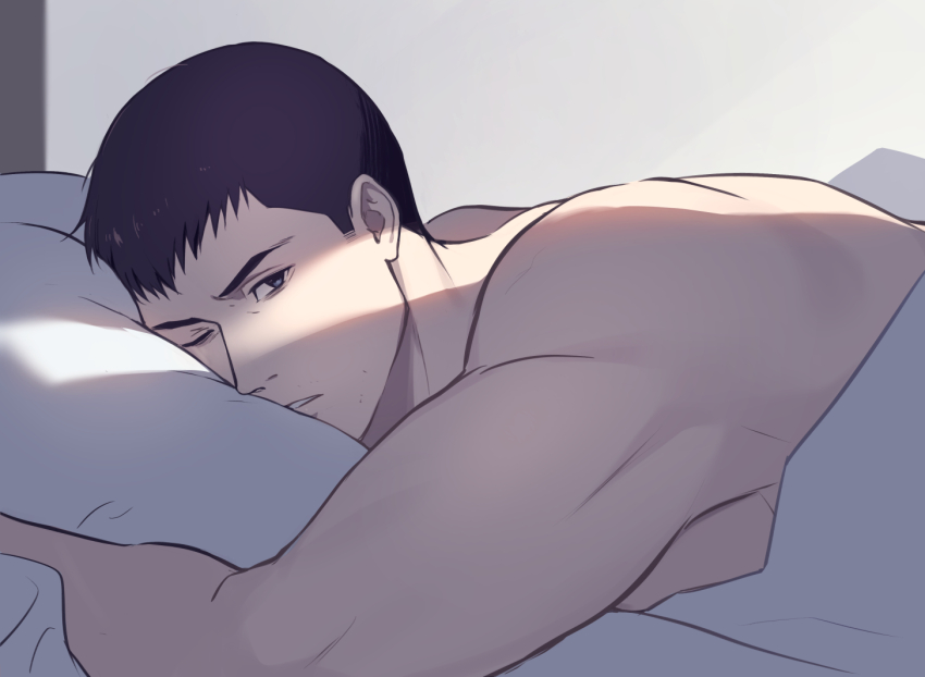 1boy 70_tabmk bara bed_sheet crack_of_light feet_out_of_frame lying male_focus muscular muscular_male naked_sheet on_bed on_stomach one_eye_closed pov_across_bed ryuji_satake solo thick_eyebrows tsurime upper_body yuuki_bakuhatsu_bang_bravern