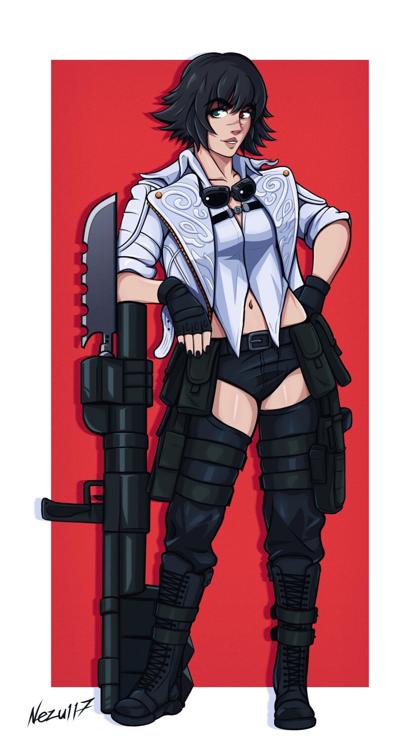 1girl absurdres artist_name black_gloves black_shorts devil_may_cry_(series) devil_may_cry_5 fingerless_gloves gloves goggles goggles_around_neck green_eyes hand_on_own_hip heterochromia highres jacket kalina_ann_(weapon) lady_(devil_may_cry) midriff nezu117 parted_lips red_background red_eyes rocket_launcher scar scar_on_face scar_on_nose shirt shorts signature simple_background weapon white_jacket white_shirt