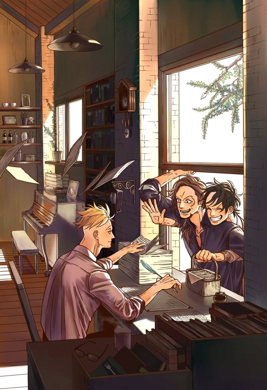 3boys adam&#039;s_apple analog_clock basket bird blonde_hair blue_shirt bottle branch brown_hair cat clock cuckoo_clock cup freckles glasses greyscale grin hanging_light highres holding holding_basket holding_quill indoors inkwell instrument looking_at_another male_focus marco_(one_piece) model_ship monochrome mug multiple_boys murokan_77 one_piece open_mouth paper_airplane paper_stack piano picture_frame plant portgas_d._ace potted_plant purple_shirt quill shirt smile steam stitched_face stitches thatch_(one_piece) wind window wooden_floor