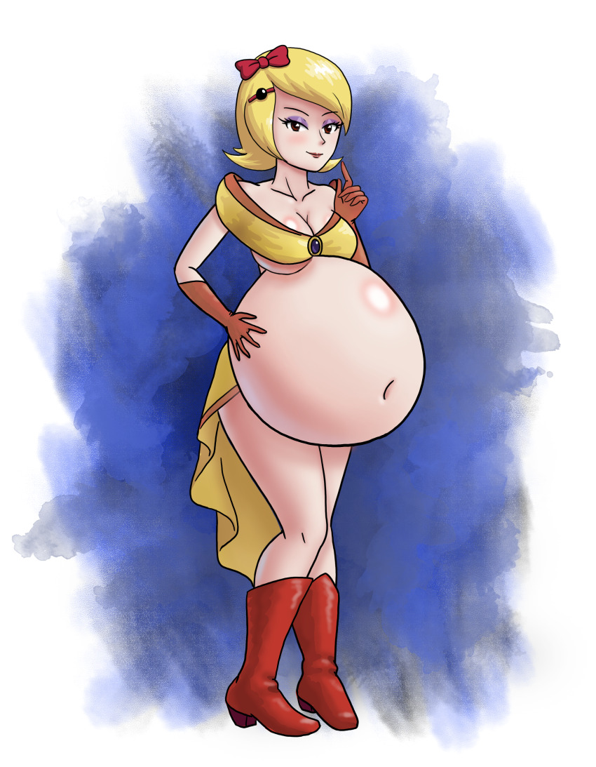 1girl absurdres bandai_namco belly belly_stuffing blonde_hair boots breasts brown_eyes feet female_focus from_side full_body gloves hand_on_own_hip highres humanization inflation large_breasts looking_at_another ms_pac-man namco orange_gloves pac-man ribbon saf-404 short_hair skirt solo_focus standing thighhighs yellow_skirt