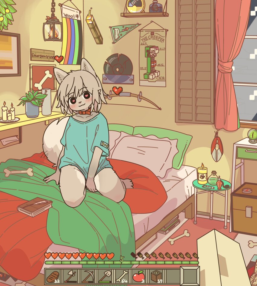 1boy 1girl aqua_shirt bed bedroom black_eyes blanket body_fur bone book bottle bow_(weapon) candle chest_(furniture) choker collar commentary compass curtains english_commentary furry furry_female grey_fur grey_hair heads-up_display health_bar heart heart-shaped_pupils highres indoors kneeling lantern minecraft mouth_hold on_bed perfume_bottle pillow plant potted_plant pov record red_choker shears shelf shirt short_sleeves symbol-shaped_pupils thighs torch user_interface vial weapon window window_shutter wolf_(minecraft) yagi_(mike_no_hito)