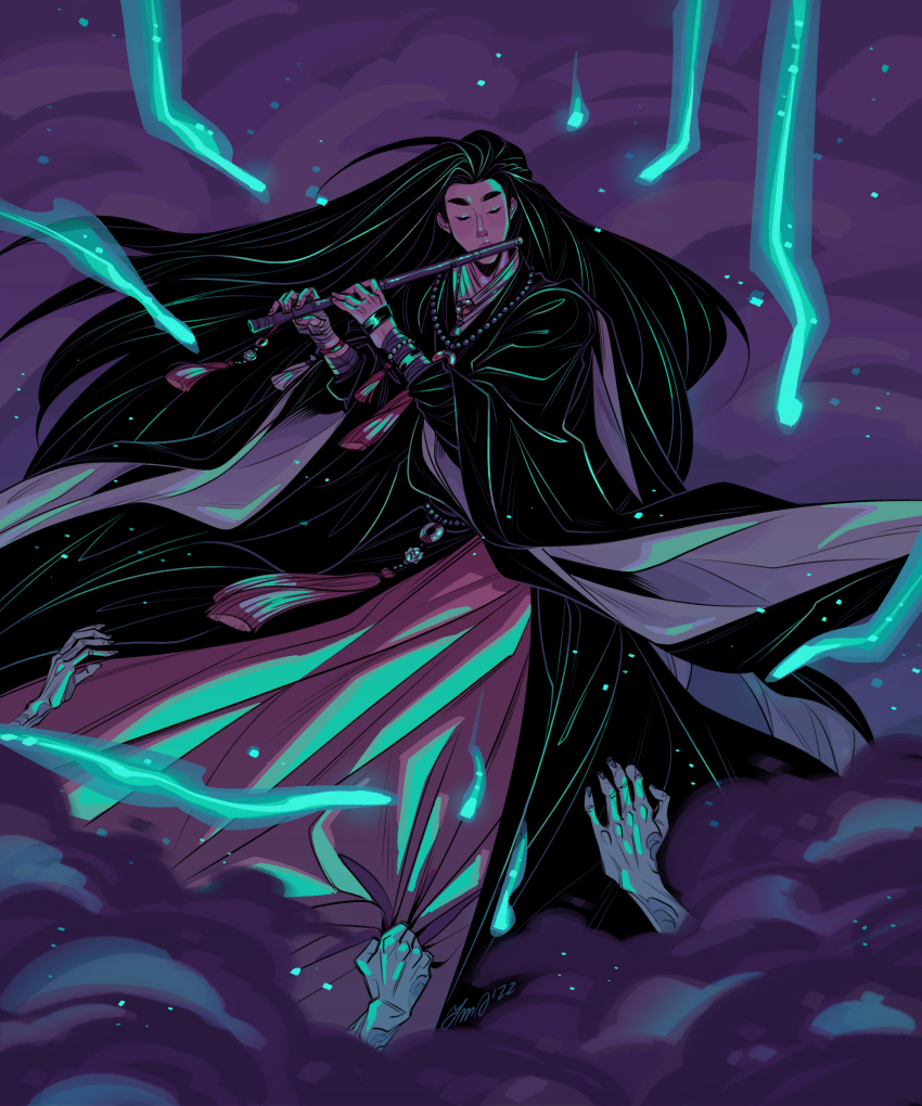 1boy absurdres bishounen black_hair black_hanfu black_robe bracelet chinese_clothes closed_eyes clothes_grab colored_skin commentary dizi flute fmd fog glowing grey_skin hair_down hanfu highres holding holding_flute holding_instrument horror_(theme) instrument jewelry long_hair long_sleeves male_focus modao_zushi multiple_bracelets night playing_flute purple_light reaching reaching_towards_another red_sash robe sash solo symbol-only_commentary tassel transverse_flute wei_wuxian wei_wuxian_(yiling_laozu) wide_sleeves zhijupao zombie