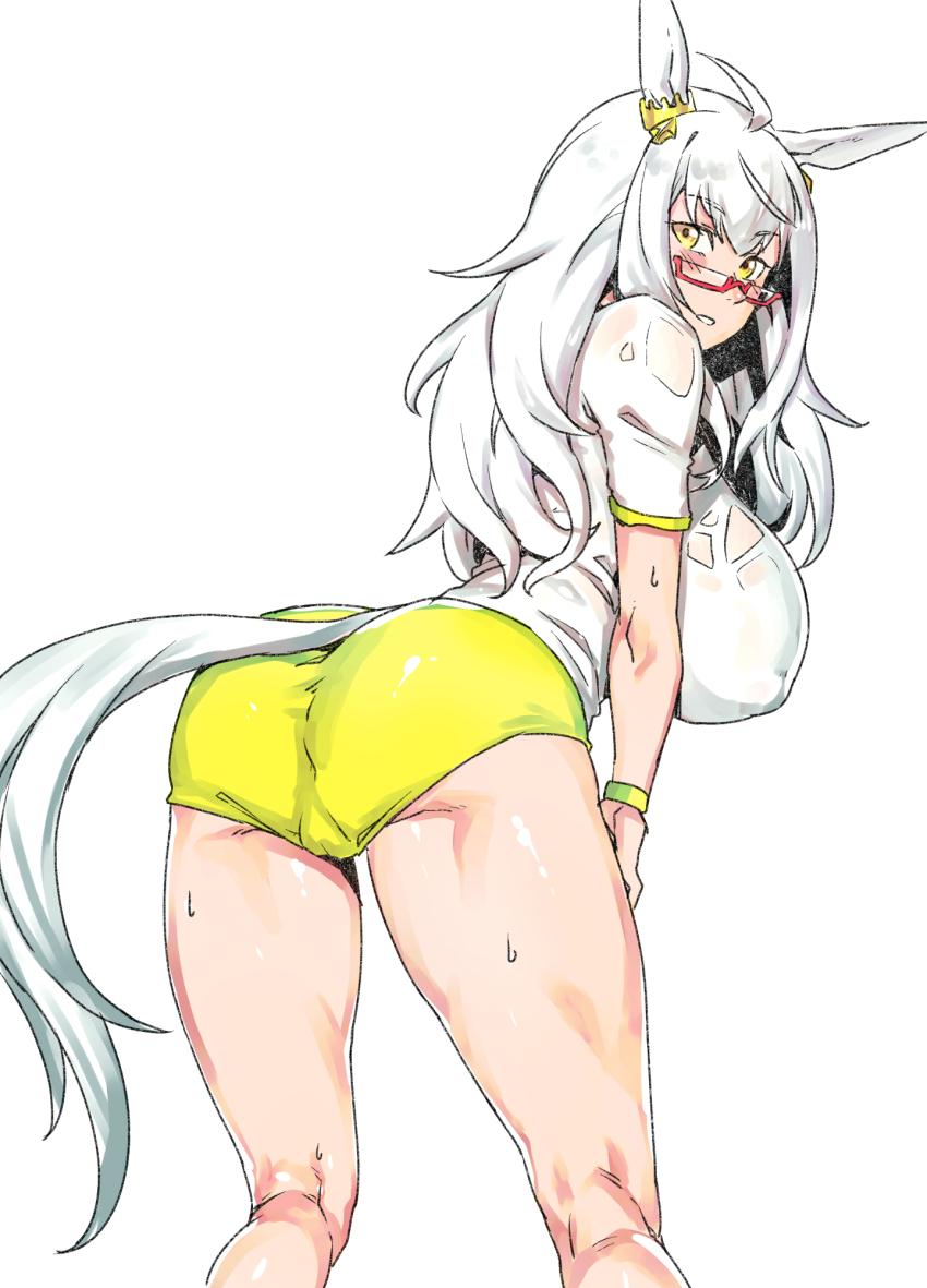 1girl ahoge alternate_costume animal_ears ass biwa_hayahide_(umamusume) breasts buruma clothing_cutout commentary_request ear_ornament from_behind grey_hair hand_on_own_knee highres horse_ears horse_girl horse_tail huge_breasts kneepits leaning_forward long_hair looking_at_viewer looking_back minew red-framed_eyewear semi-rimless_eyewear shirt simple_background solo tail tail_through_clothes umamusume under-rim_eyewear very_long_hair white_background white_shirt wristband yellow_buruma yellow_eyes