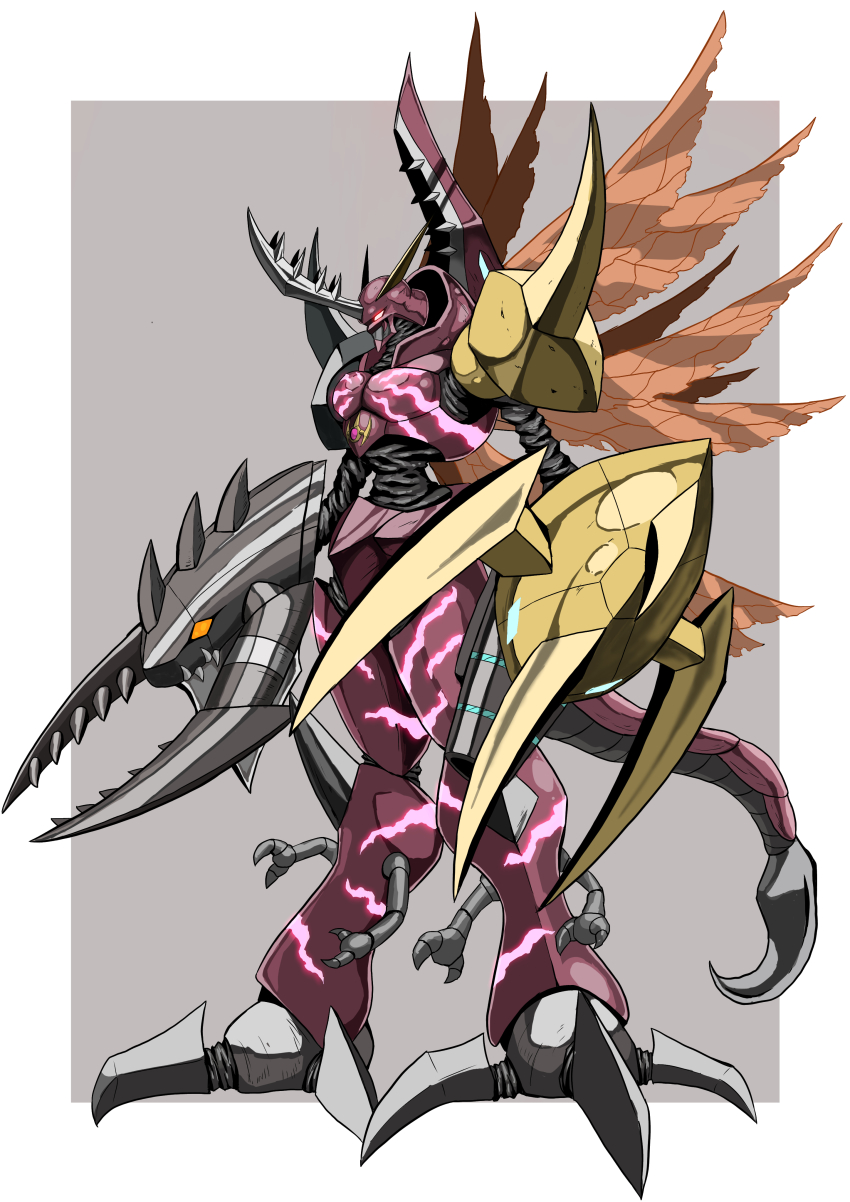 absurdres claws digimon digimon_(creature) fusion glowing glowing_eyes grankuwagamon heraklekabuterimon highres horns omegamon oridigi original pincers red_eyes sutunununu tail yellow_eyes
