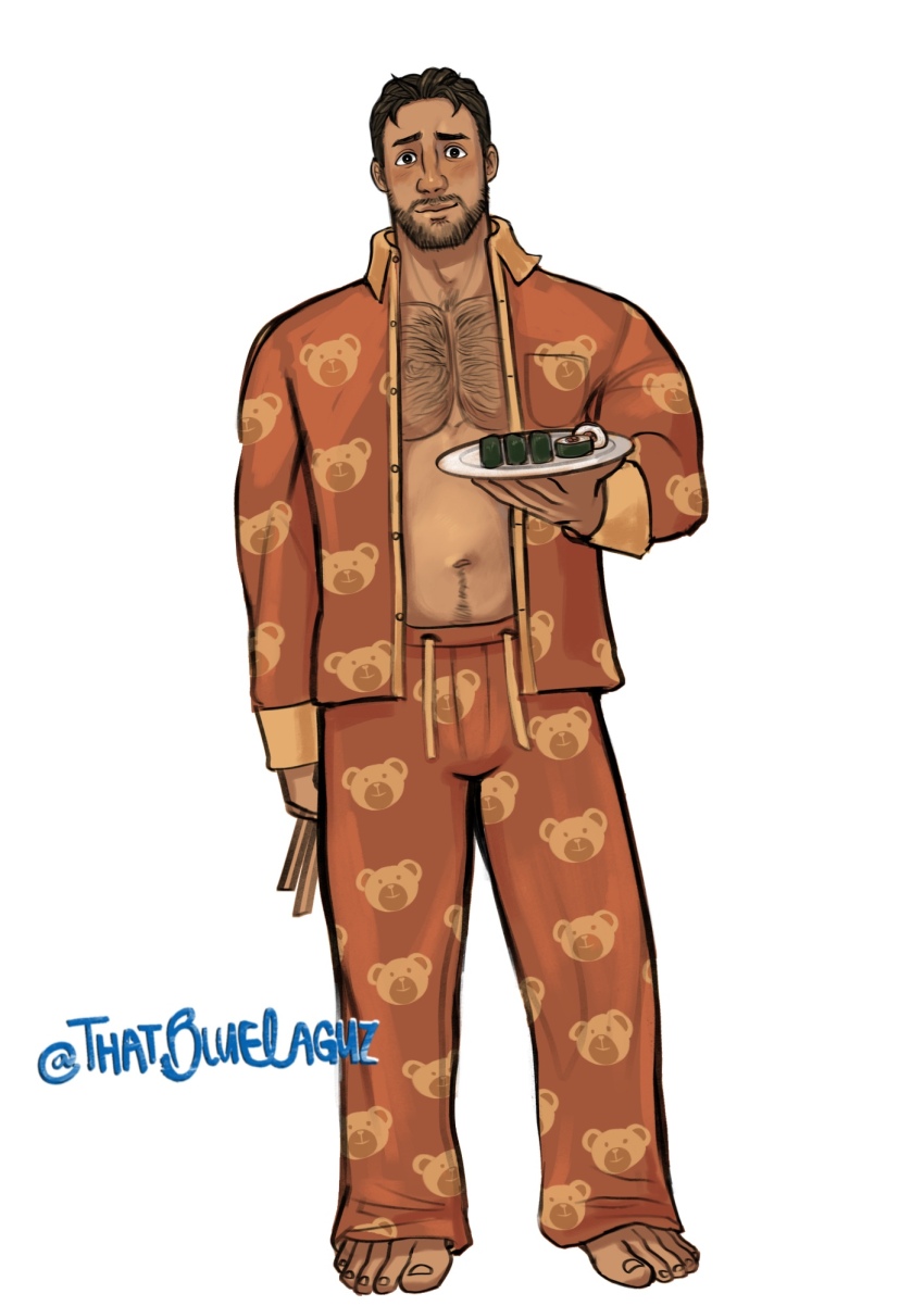 1boy alternate_costume bara barefoot beard brown_hair bulge coral_island dark-skinned_male dark_skin facial_hair food full_beard full_body hairy highres holding holding_plate large_pectorals looking_at_viewer male_focus mature_male muscular muscular_male open_clothes open_shirt pajamas pectoral_cleavage pectorals plate rafael_(coral_island) short_hair smile solo standing sushi thatbluelaguz thick_chest_hair thick_eyebrows thick_navel_hair