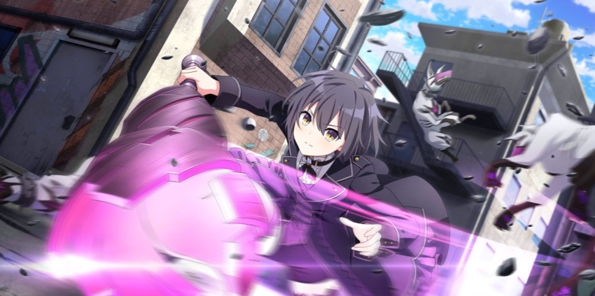 1girl black_coat black_hair black_jacket black_ribbon black_shorts black_vest breasts chloe_tang club_(weapon) coat engage_kill engage_kiss formal_clothes frilled_shirt frills game_cg hair_between_eyes highres holding holding_club holding_weapon jacket jewelry long_sleeves medium_breasts neck_ribbon official_art ribbon shirt short_hair shorts solo_focus vest weapon white_shirt yellow_eyes