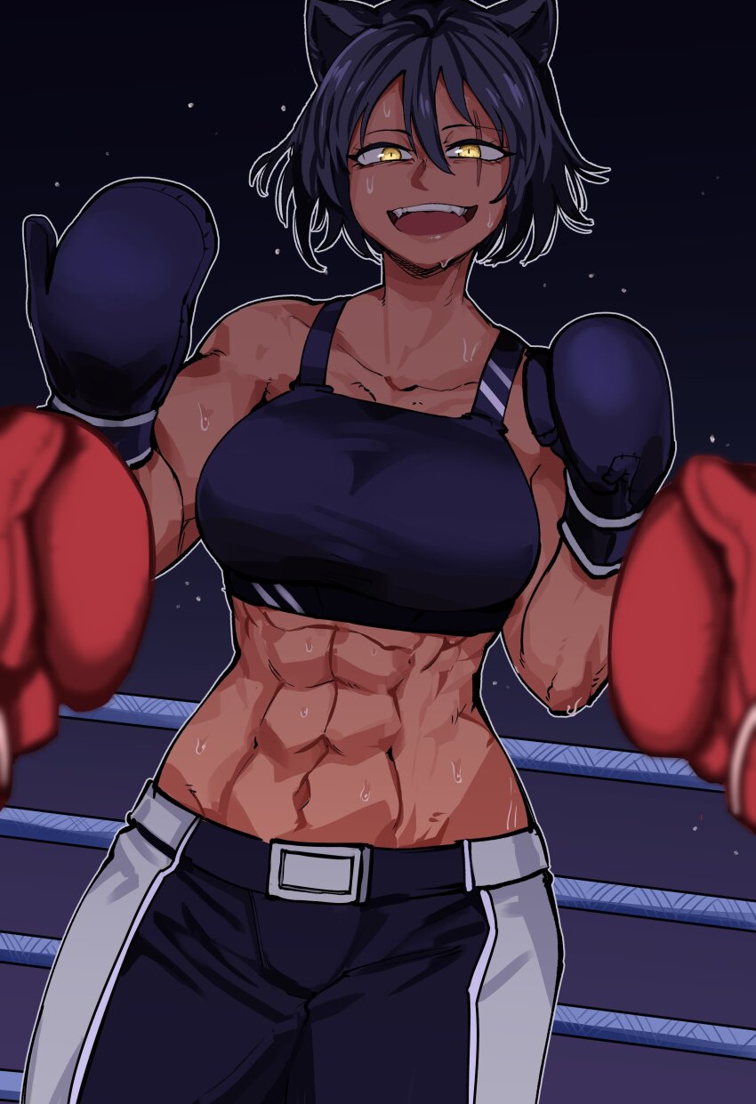 abs absurdres animal_ears antares_topaz black_hair boxer boxing boxing_gloves boxing_ring boxing_shorts cat_ears highres leila_(awastedninja) looking_at_viewer muscular muscular_female original scar scar_across_eye scar_on_face short_hair shorts smile sweat tank_top yellow_eyes