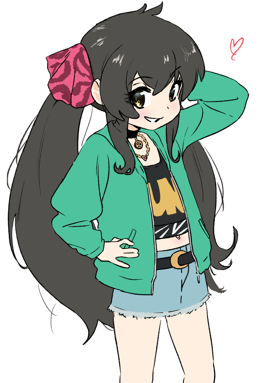 1girl absurdres ahoge belt black_hair child denim denim_skirt grin hair_between_eyes hands_on_own_hips heart highres idolmaster idolmaster_cinderella_girls long_hair matoba_risa midriff_peek nahari_(pfum4557) navel sidelocks simple_background skirt smile twintails white_background yellow_eyes