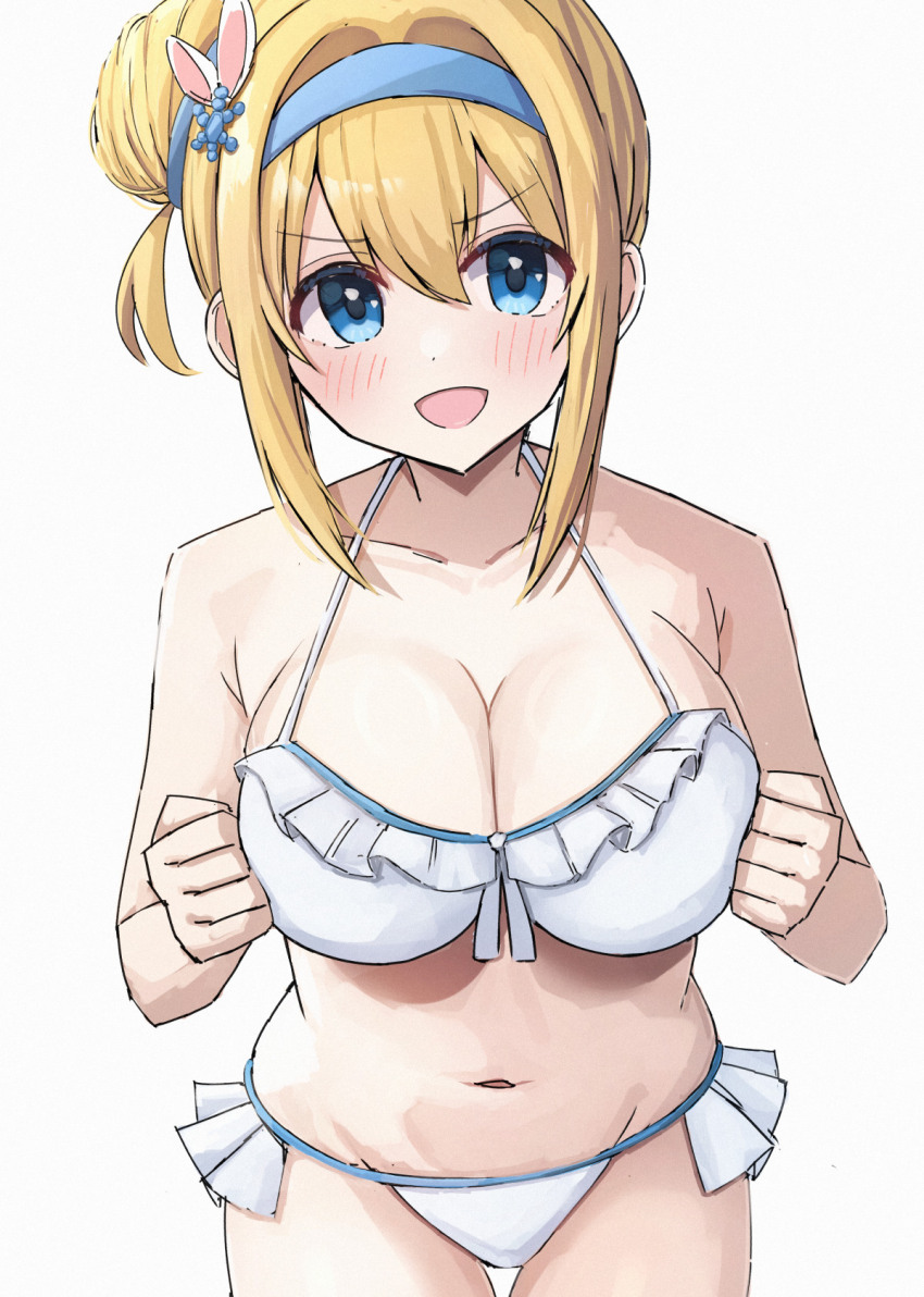 1girl bikini blonde_hair breasts cleavage girls&#039;_frontline highres suomi_(girls&#039;_frontline) swimsuit white_bikini