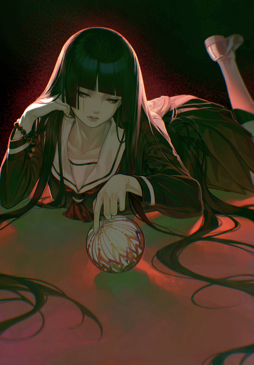 1girl ball black_hair black_serafuku collarbone enma_ai gootai highres hime_cut jigoku_shoujo long_hair long_skirt pink_shoes red_eyes sailor_collar school_uniform serafuku shoes skirt solo very_long_hair white_sailor_collar