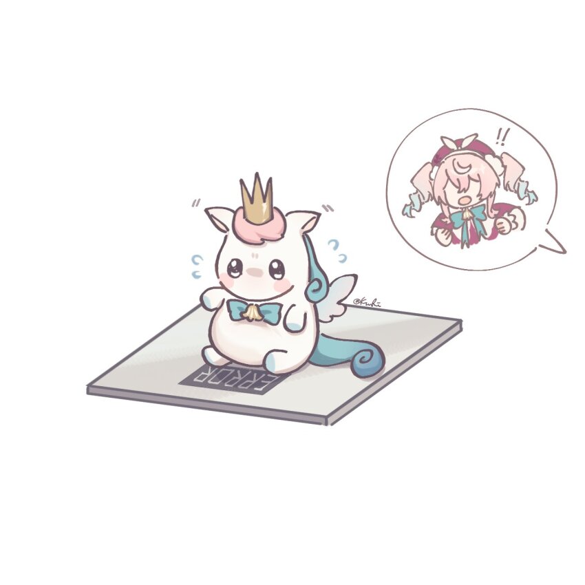 ! !! 1girl bell blush bow bowtie chibi commentary crown flying_sweatdrops highres honkai:_star_rail honkai_(series) horse_tail hyacine_(honkai:_star_rail) kuukiwantsleep little_ica_(honkai:_star_rail) open_mouth pegasus pegasus_wings speech_bubble spoken_character tail twintails weighing_scale white_background