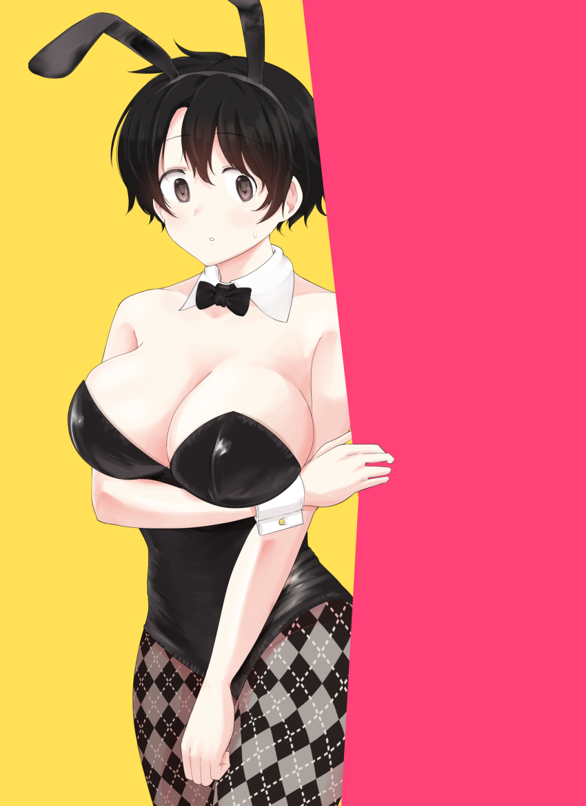 1girl absurdres animal_ear_hairband animal_ears argyle_clothes argyle_pantyhose arm_under_breasts bare_shoulders black_bow black_bowtie black_hair black_hairband black_leotard black_pantyhose bow bowtie breasts brown_eyes bunny_day cleavage cowboy_shot detached_collar fake_animal_ears grey_pantyhose hairband hashtag-only_commentary highres large_breasts leotard looking_at_viewer meika-san_wa_oshikorosenai oka_miyako pantyhose parted_lips pink_background playboy_bunny rabbit_ear_hairband rabbit_ears saitou_shouki short_hair solo sweat teeth two-tone_background white_wrist_cuffs wrist_cuffs yellow_background