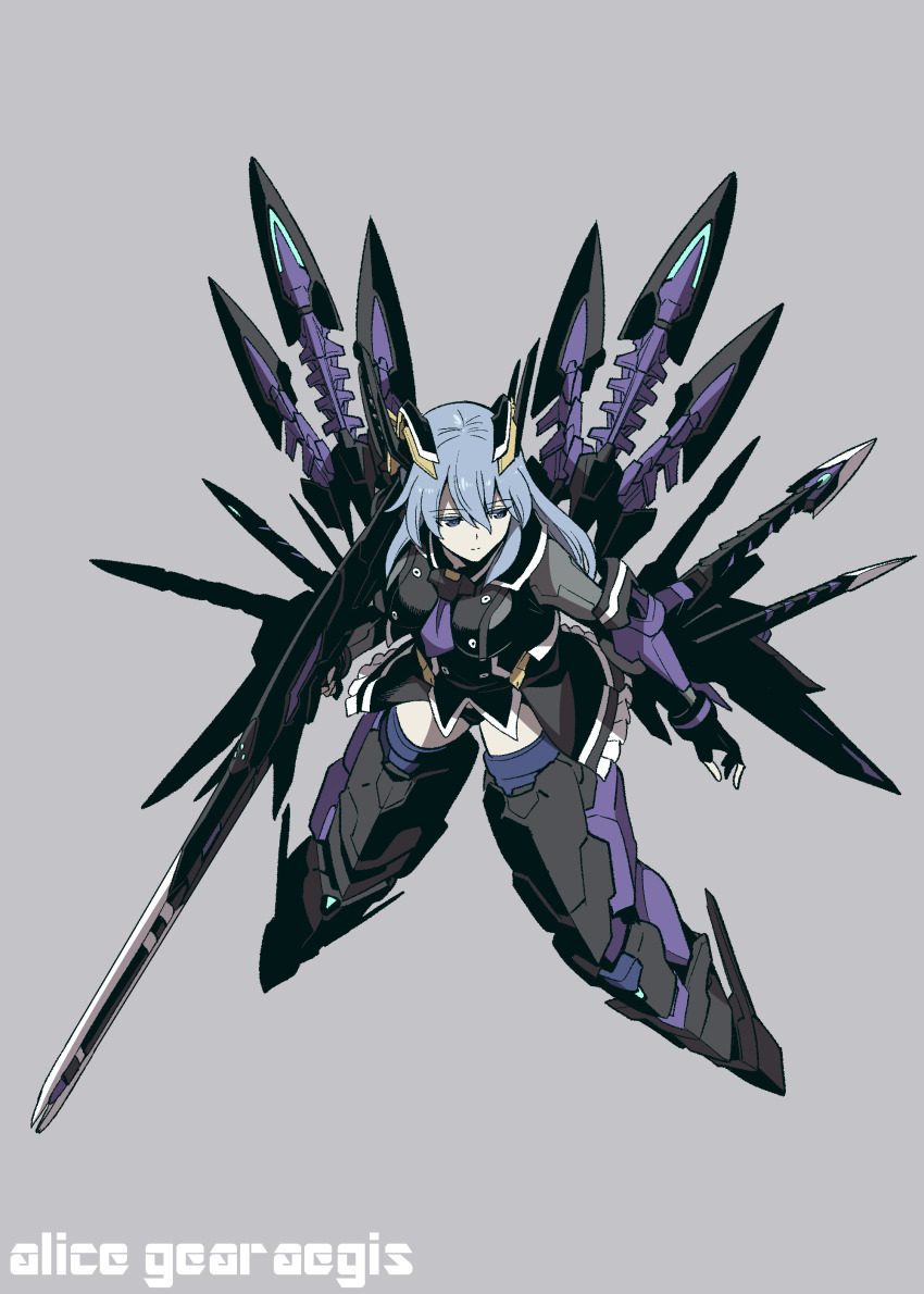 1girl absurdres alice_gear_aegis angelica_glazunova blue_hair highres holding holding_weapon kato_takuji long_hair mecha_musume weapon