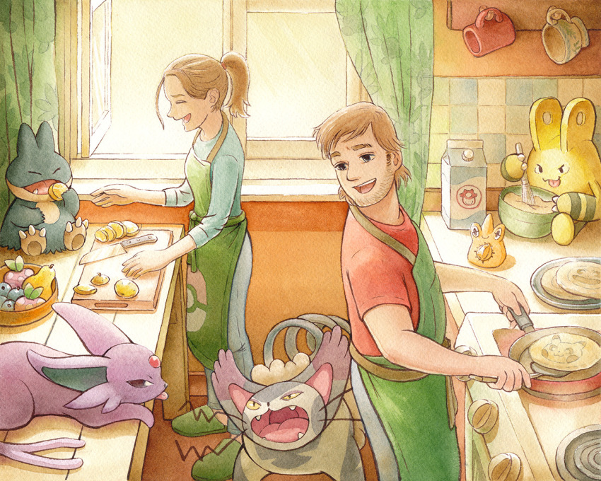 1boy 1girl adobe_illustrator_(medium) apron aspear_berry berry_(pokemon) bottle commentary cooking cup curtains drawing elekid espeon food gen_1_pokemon gen_2_pokemon gen_4_pokemon indoors kitchen kitchen_knife milk_bottle milk_carton moomoo_milk munchlax nintendo oddish oliver_hamlin open_mouth painting_(medium) pancake pikachu pokemon pokemon_(creature) purugly rotom rotom_(other) slippers squirtle sunlight tail teacup timer traditional_media watercolor_(medium) window