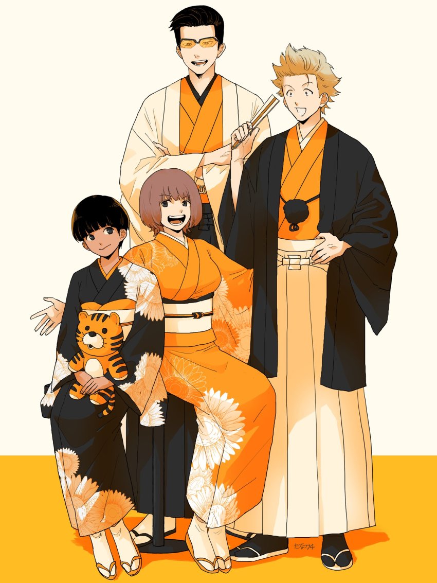 2boys 2girls :d black_coat black_hakama black_kimono black_legwear blunt_bangs breasts chinese_zodiac coat crossed_arms dark-skinned_female dark_skin floral_print folded_fan folding_fan fujimaru_nono full_body furisode glasses grey_background hair_slicked_back hakama hand_fan haori haori_himo highres holding holding_fan holding_stuffed_toy japanese_clothes kimono light_brown_hair long_sleeves looking_at_another looking_at_viewer looking_down multiple_boys multiple_girls new_year obi obishima_yukari open_mouth orange-tinted_eyewear orange_kimono orange_theme outstretched_arms rism02682 sandals sash short_hair sideways_glance sitting smile standing stuffed_animal stuffed_tiger stuffed_toy tabi tinted_eyewear tonooka_kazuto white_legwear wide_sleeves world_trigger year_of_the_tiger yuba_takuma zouri