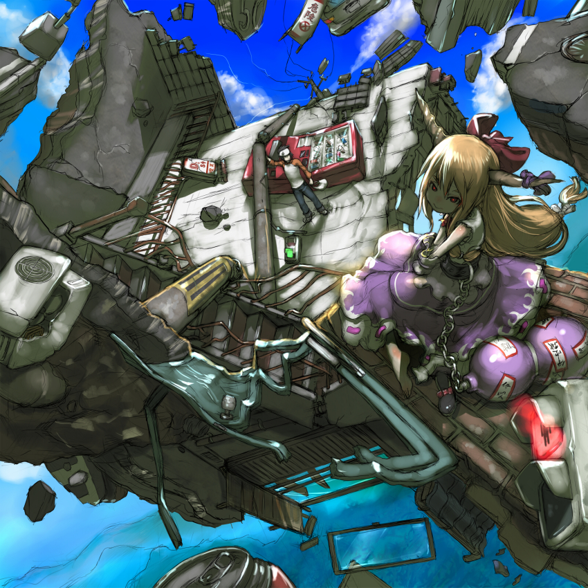 1boy 1girl asakura_teppei blue_sky bow broken_wall brown_horns building chain commentary_request concrete cuffs debris destruction falling gourd guard_rail hair_bow headband highres horn_bow horn_ornament horn_ribbon horns ibuki_suika kasutank long_hair long_sleeves looking_at_viewer m.u.g.e.n on_building oni orange_hair original pavement perspective red_bow red_eyes ribbon rubble sitting sky smile stairs standing torn_clothes torn_sleeves touhou traffic_light two-tone_shirt two-tone_skirt vending_machine white_headband