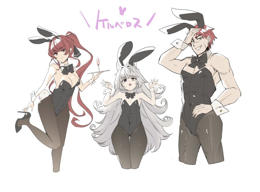 animal_ears bare_arms bare_shoulders black_bow black_bowtie black_leotard black_pantyhose bow bowtie breasts collar commentary_request covered_navel cross-shaped_pupils detached_collar facial_scar fake_animal_ears fake_tail fangs grey_eyes grey_hair hand_on_own_head hand_on_own_hip hetero high_heels highres leotard long_hair male_playboy_bunny medium_breasts mismatched_pupils no._21:_feral_scent_(pgr) no._21_(pgr) noctis_(pgr) open_mouth orange_eyes pantyhose paw_pose playboy_bunny ponytail punishing:_gray_raven purple_eyes rabbit_ears rabbit_tail red_eyes red_hair scar scar_on_cheek scar_on_face scar_on_nose short_hair standing standing_on_one_leg strapless strapless_leotard symbol-shaped_pupils tail teeth translation_request unkempt upper_teeth_only vera_(pgr) very_long_hair white_background white_collar wing_collar wrist_cuffs ziyunshanding