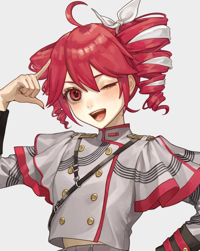 ahoge belt black_belt black_sleeve_cuffs blush bow buttons double-breasted drill_hair fingernails hair_bow hair_ribbon hand_up highres index_finger_raised jacket kasane_teto kasane_teto_(sv) long_sleeves midriff nail_polish one_eye_closed open_mouth red_eyes red_hair red_nails red_trim ribbon sakauchi_waka shoulder_belt shoulder_boards simple_background sleeve_cuffs striped_clothes striped_jacket synthesizer_v teeth third-party_source upper_body upper_teeth_only utau white_background white_bow