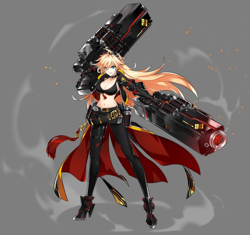 1girl artist_request belt black_bra black_gloves black_jacket black_pants black_shoes blonde_hair blue_eyes bra choker cropped_jacket dual_wielding elsword full_body gloves goggles goggles_on_head gun highres holding holding_gun holding_weapon jacket long_hair looking_at_viewer official_art pants rose_(elsword) shoes skin_tight smile solo standing tempest_burster_(elsword) transparent_background underwear weapon