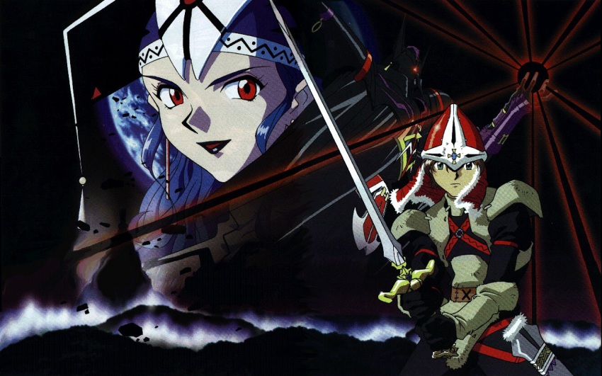 1boy 1girl alex_noah althena armor blue_hair dragonmaster game_arts luna_noah lunar lunar:_the_silver_star magic_emperor_(lunar) official_art sword weapon
