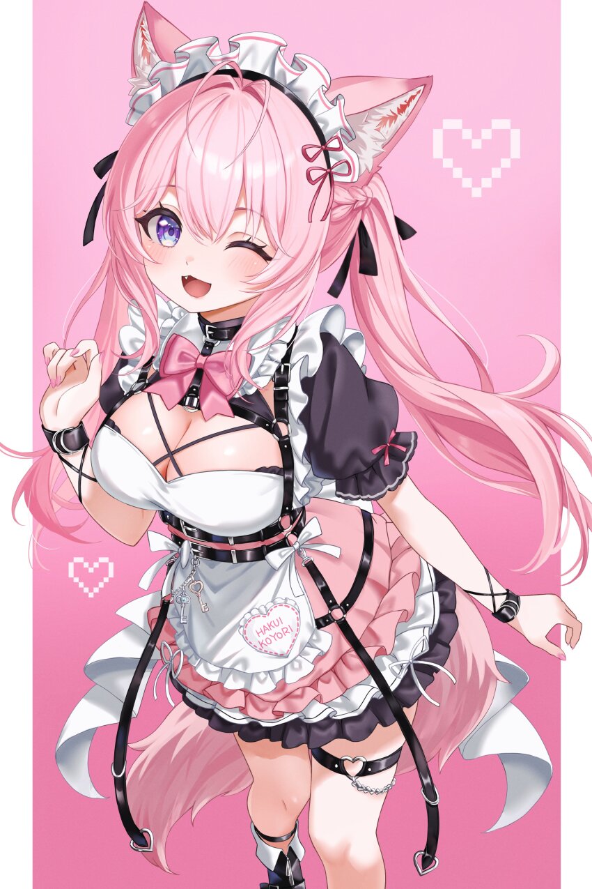 1girl 4kimizuki ;3 absurdres animal_ears antenna_hair belt belt_collar black_belt black_dress blush bow bowtie braid breasts chest_harness cleavage collar commentary dress fingernails hakui_koyori hakui_koyori_(dark_maid) harness heart heart_o-ring highres hololive key large_breasts long_hair looking_at_viewer maid_headdress nail_polish o-ring o-ring_harness o-ring_thigh_strap one_eye_closed open_mouth pillarboxed pink_background pink_bow pink_bowtie pink_dress pink_hair pink_nails purple_eyes short_sleeves smile solo symbol-only_commentary tail thigh_strap thighs twintails underbust virtual_youtuber white_bow wolf_ears wolf_girl wolf_tail wrist_belt