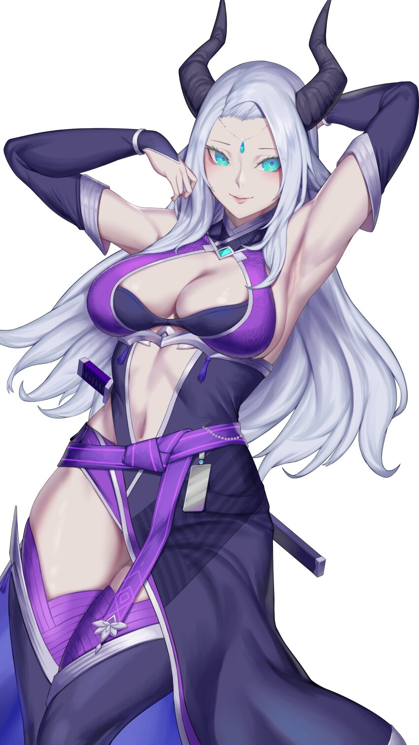 1girl absurdres armpits asymmetrical_dress breasts cleavage cowboy_shot detached_sleeves green_eyes grey_hair highres horns kumiko_shiba long_hair looking_at_viewer navel original smile solo white_background