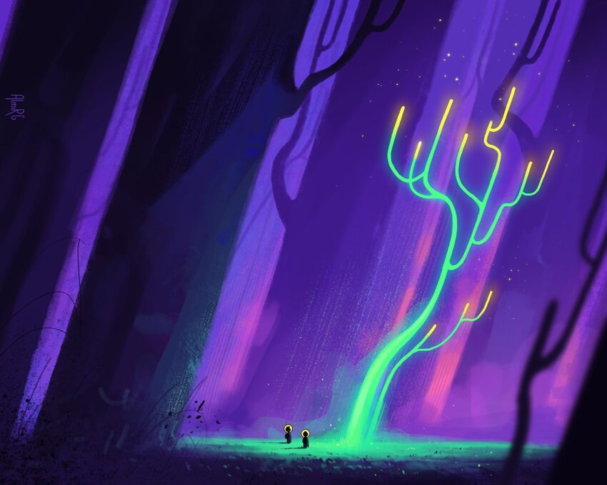 2others almirgusic artist_name bare_tree bioluminescence fantasy forest glowing grass helmet multiple_others nature night on_grass original outdoors plant purple_background scenery space_helmet spacesuit tree very_wide_shot