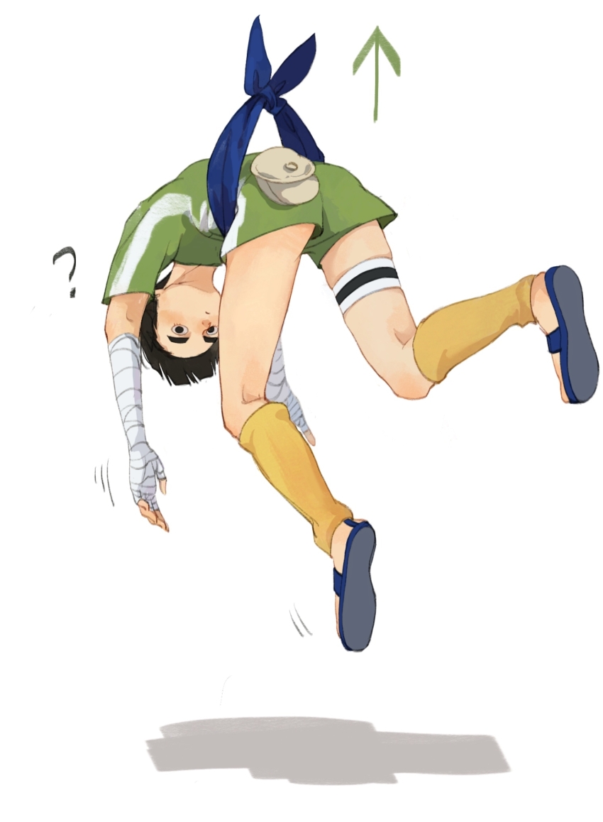 1boy ? arm_wrap bandages black_hair gaozijie422 green_shirt green_shorts highres leg_warmers male_focus naruto naruto_(series) pouch rock_lee sandals shirt short_hair shorts solo thick_eyebrows white_background yellow_leg_warmers