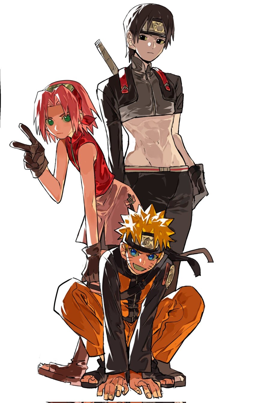 1girl 2boys bare_shoulders black_eyes black_footwear black_hair black_jacket black_pants black_sleeves blonde_hair blue_eyes brown_gloves crop_top cropped_jacket facial_mark flat_chest full_body gloves green_eyes grey_shirt grin hairband haruno_sakura headband highres jacket jumpsuit leaning_forward looking_at_viewer multiple_boys naruto_(series) orange_jacket orange_jumpsuit orange_pants pants parted_bangs pink_hair pink_skirt red_shirt sai_(naruto) shirt short_hair skirt sleeveless sleeveless_shirt smile spiked_hair squatting standing teeth toeless_footwear uzumaki_naruto v weapon weapon_on_back whisker_markings white_background xi_luo_an_ya