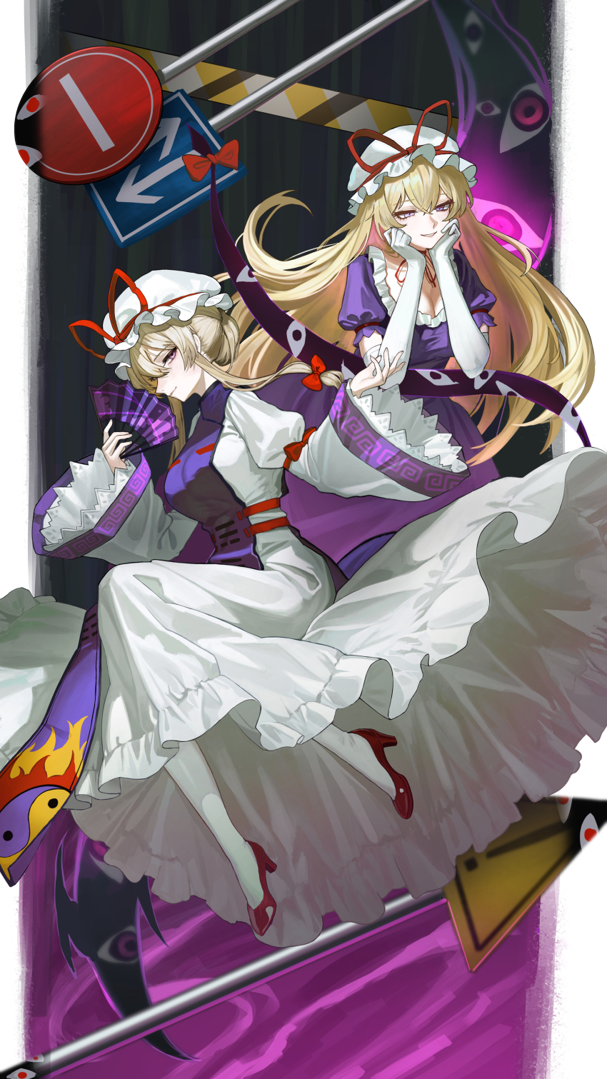1girl absurdres blonde_hair breasts dress dual_persona elbow_gloves frilled_dress frills gap_(touhou) gloves hand_fan hat high_heels highres holding holding_fan looking_at_viewer mob_cap puffy_short_sleeves puffy_sleeves purple_dress purple_eyes purple_tabard red_shoes road_sign shoes short_sleeves sign smile socks solo tabard touhou white_dress white_gloves white_hat white_socks wide_sleeves yakumo_yukari yinian