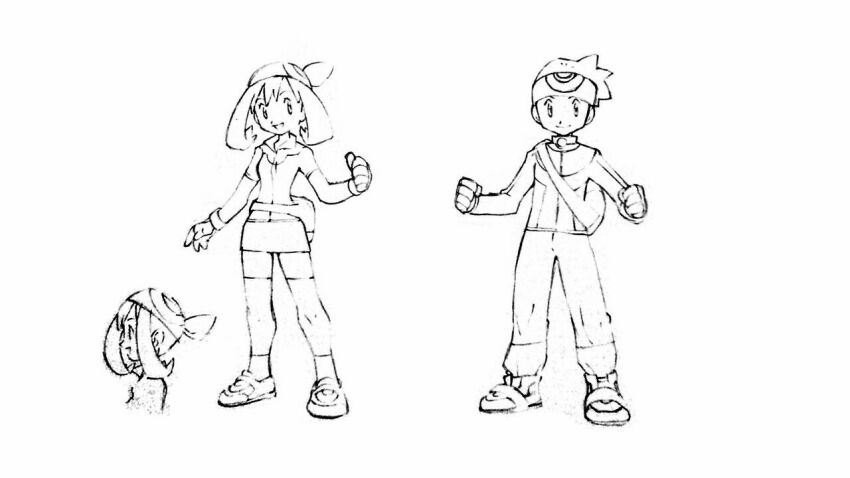 1boy 1girl bandana beanie bike_shorts brendan_(pokemon) clenched_hand clenched_hands closed_mouth concept_art facing_viewer fanny_pack from_side gloves greyscale hat jacket long_bangs looking_at_viewer may_(pokemon) monochrome nintendo official_art pants pokemon pokemon_rse short_sleeves shorts skirt smile sugimori_ken