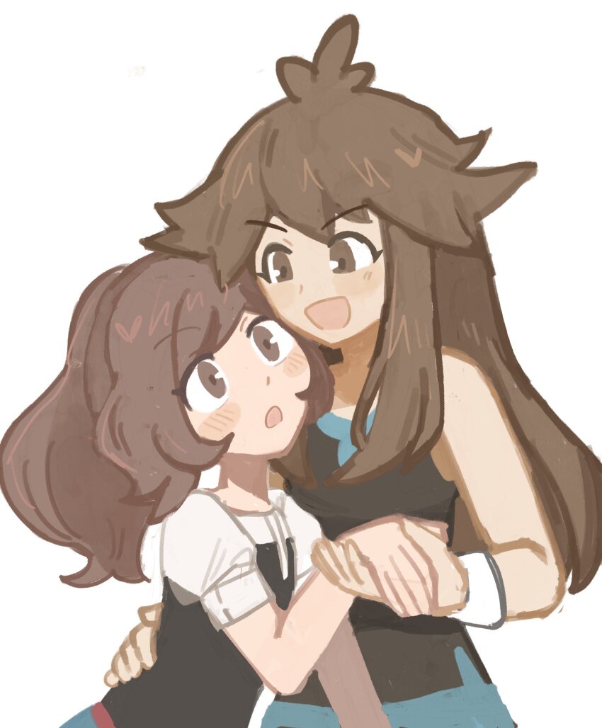 2girls :d :o black_shirt blush creatures_(company) elaine_(pokemon) game_freak green_(pokemon) han0579 highres holding_hands long_hair looking_at_another multiple_girls nintendo open_mouth pokemon pokemon_lgpe ponytail shirt short_sleeves sleeveless sleeveless_shirt smile upper_body white_background wristband yuri