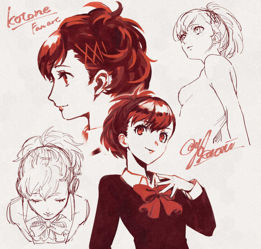 1girl absurdres black_jacket bow bowtie brown_hair character_name closed_mouth commentary_request earrings from_side gekkoukan_high_school_uniform grey_background hair_ornament hair_up hairclip highres jacket jewelry long_sleeves multiple_views persona persona_3 persona_3_portable profile red_bow red_bowtie red_eyes school_uniform shiomi_kotone simple_background sketch upper_body yokaroni