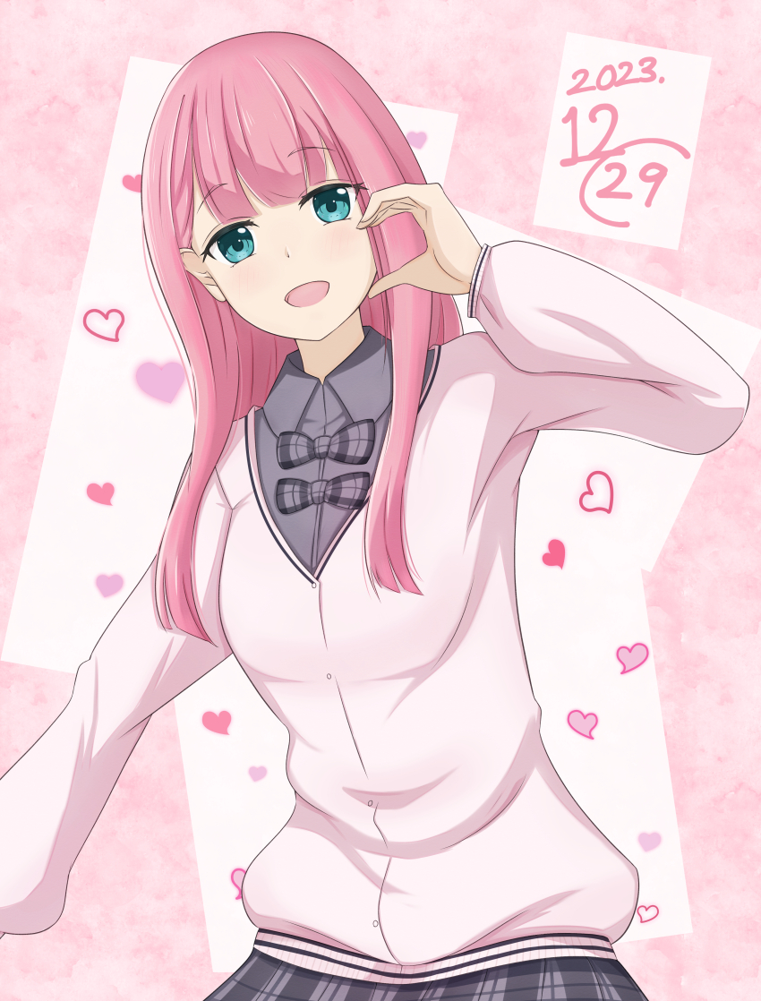 1girl 22/7 :d absurdres asymmetrical_bangs blunt_bangs bow bowtie cardigan collared_shirt cowboy_shot dated green_eyes grey_bow grey_bowtie grey_shirt grey_skirt half-heart_hands heart highres kamiki_mikami long_hair long_sleeves looking_at_viewer open_mouth pink_background pink_hair plaid_bow plaid_bowtie plaid_clothes plaid_skirt shirt skirt smile solo standing takumitu_711 white_cardigan