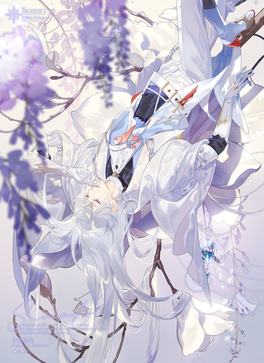 1boy absurdres arm_at_side ascot belt black_shirt blue_gemstone blue_vest blurry blurry_foreground boots cael_anselm cael_anselm_(godheim) cape chinese_commentary closed_mouth club_(shape) colored_shoe_soles commission dagger diamond_(shape) elbow_gloves flower foot_out_of_frame frilled_shirt_collar frills gem gloves gradient_background hair_flowing_over half-closed_eyes hand_to_own_mouth heart high_heel_boots high_heels highres jacket jewelry knee_boots knee_up knife lapels layered_sleeves long_hair long_sleeves looking_up lovebrush_chronicles lying magnolia male_focus necklace on_back on_branch on_flower open_clothes open_jacket pants pants_tucked_in parted_lips pendant print_ascot print_belt print_gloves psd_(psdgai) purple_background purple_eyes purple_flower sample_watermark second-party_source shawl_lapels shirt short-sleeved_jacket short_over_long_sleeves short_sleeves silver_trim sleeve_cuffs solo spade_(shape) striped_clothes striped_shirt sweater_guard swept_bangs tailcoat tassel thighlet unworn_jewelry unworn_necklace upside-down vertical-striped_clothes vertical-striped_shirt very_long_hair vest watermark weapon white_ascot white_background white_belt white_boots white_cape white_flower white_gloves white_hair white_jacket white_pants wisteria