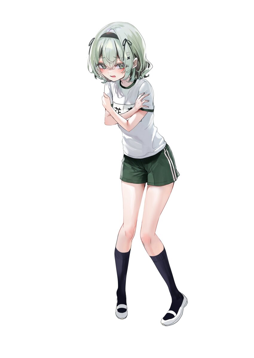 1girl absurdres black_hairband black_ribbon black_socks blush embarrassed full_body green_eyes green_hair green_shorts gym_uniform hair_between_eyes hair_ornament hair_ribbon hairband highres kanade_(shibou_yuugi) medium_hair nekometaru open_mouth ribbon shibou_yuugi_de_meshi_o_kuu shirt short_shorts short_sleeves shorts simple_background socks solo sportswear standing t-shirt tachi-e white_background white_footwear white_shirt x_hair_ornament