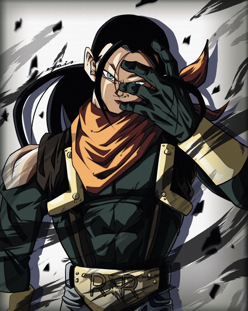 absurdres bandana black_hair blue_eyes dragon_ball dragon_ball_gt earrings gloves grin highres jewelry long_hair looking_at_viewer male_focus muscular muscular_male noir_illust open_mouth orange_bandana pants red_ribbon_army smile super_android_17 teeth