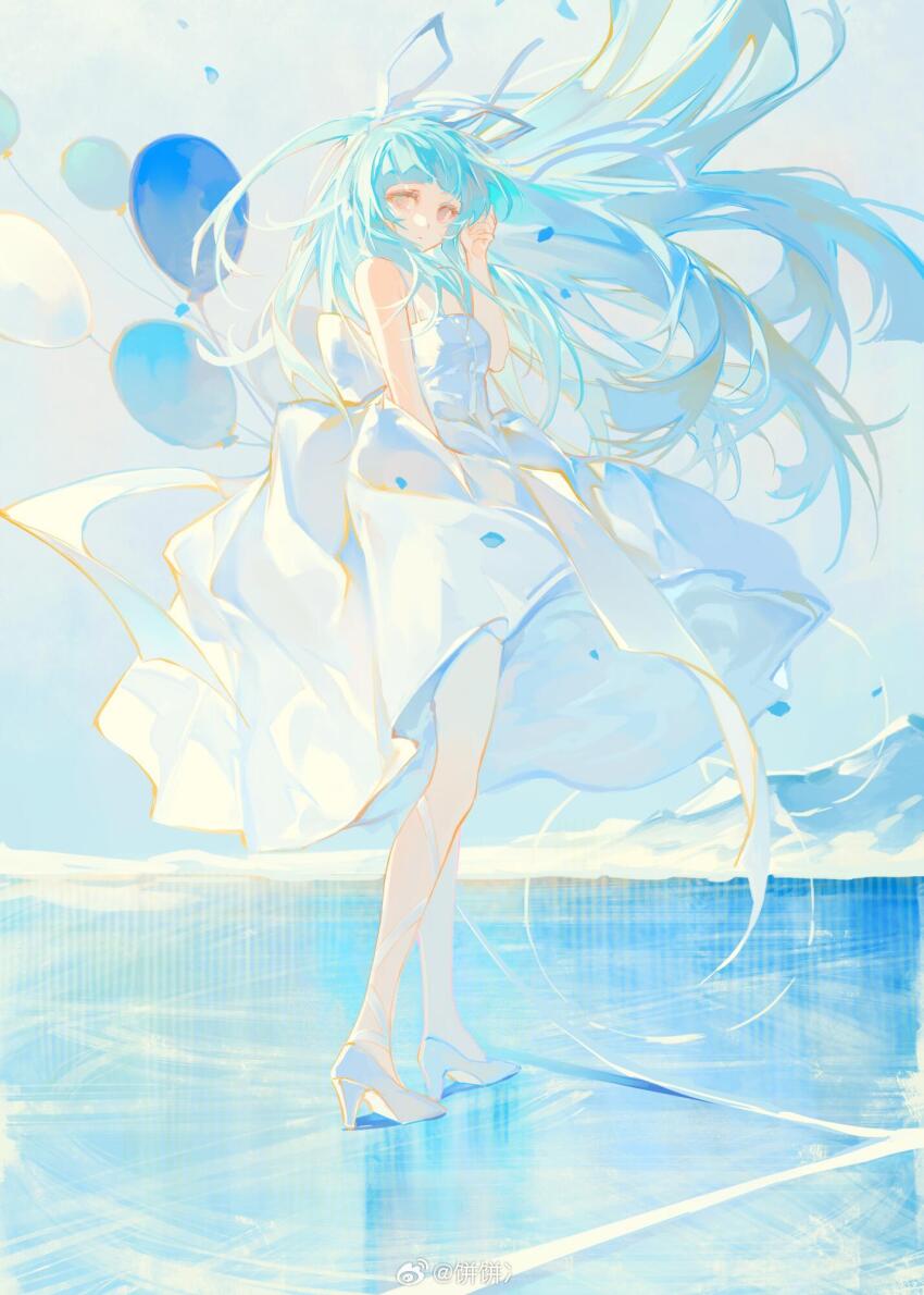 1girl balloon bare_shoulders bingbing_(hrppbb) blue_hair blue_sky dress floating_hair full_body hair_ribbon hand_up high_heels highres long_hair looking_at_viewer original outdoors ribbon sky sleeveless sleeveless_dress solo standing very_long_hair water white_dress wind