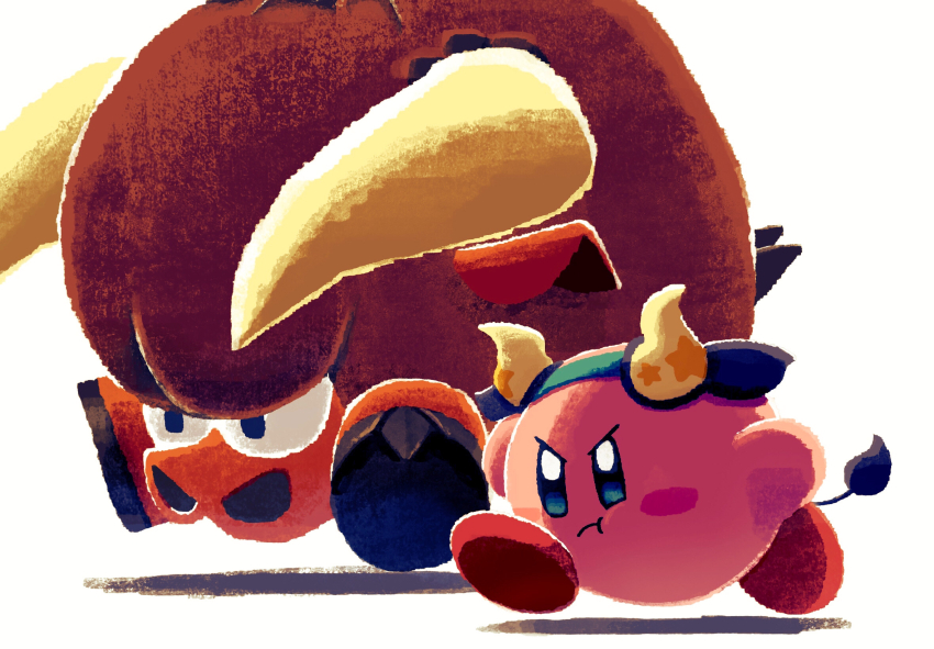 :t angry aruco_co blue_eyes blush_stickers character_request closed_mouth commentary_request highres horns kirby kirby_(series) nintendo no_humans simple_background tail v-shaped_eyes white_background