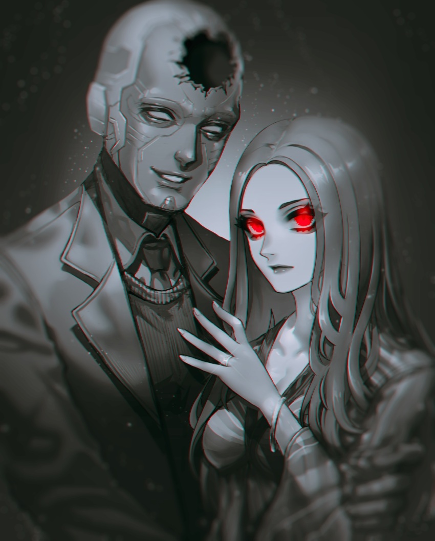 1boy 1girl animification bangle bracelet breasts closed_mouth collared_jacket collared_shirt commentary_request dress fingernails greyscale hand_up highres jacket jewelry jigenn lips long_fingernails long_hair long_sleeves looking_at_viewer marvel marvel_cinematic_universe medium_breasts monochrome necktie open_clothes open_jacket red_eyes scarlet_witch shirt smile spoilers teeth vest vision_(marvel) wanda_maximoff wandavision wide_sleeves