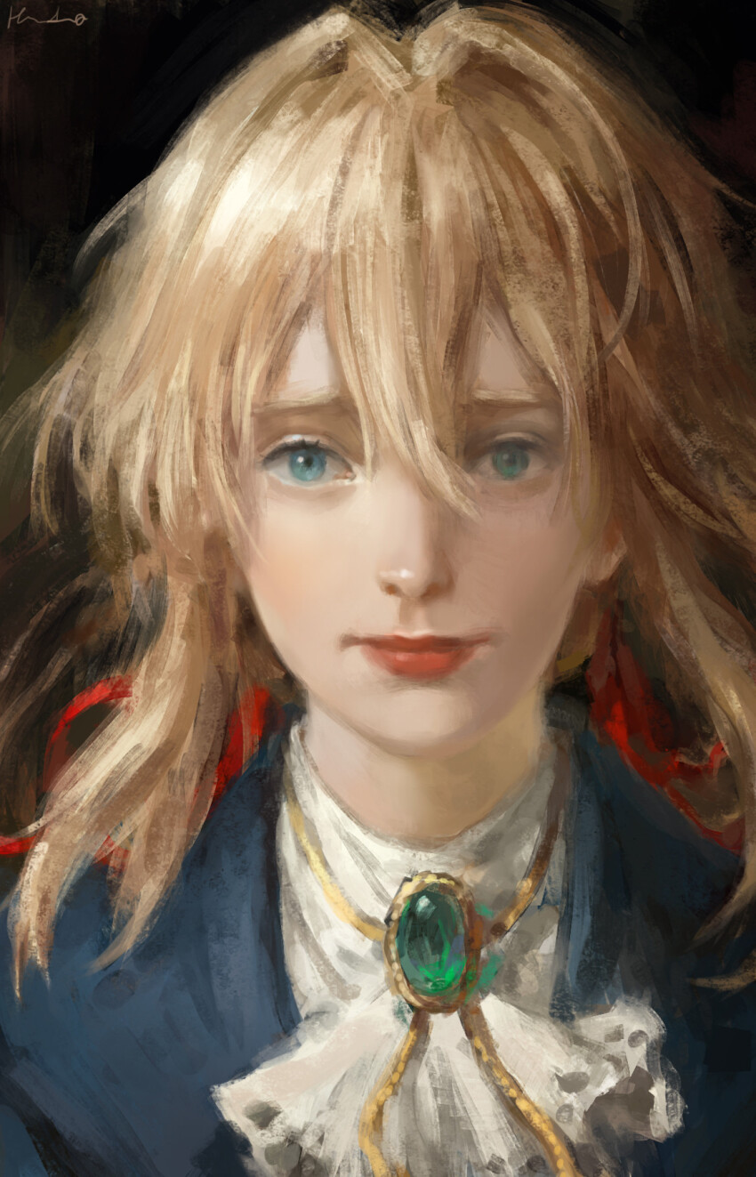 1girl ascot black_background blonde_hair blue_eyes commentary elvafirst expressionless gem hair_between_eyes highres portrait realistic red_lips signature solo violet_evergarden violet_evergarden_(series) white_ascot