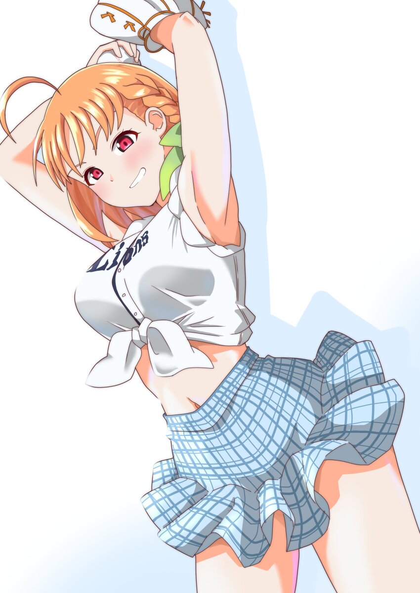 1girl absurdres ahoge armpits arms_up ball baseball baseball_(object) baseball_glove blue_skirt breasts chokkakudo dutch_angle grin highres holding holding_ball looking_at_viewer love_live! love_live!_sunshine!! medium_breasts midriff mittens navel nippon_professional_baseball orange_hair plaid_clothes plaid_skirt red_eyes saitama_seibu_lions shirt short_hair skirt sleeveless sleeveless_shirt smile solo standing takami_chika upper_body white_background white_mittens white_shirt